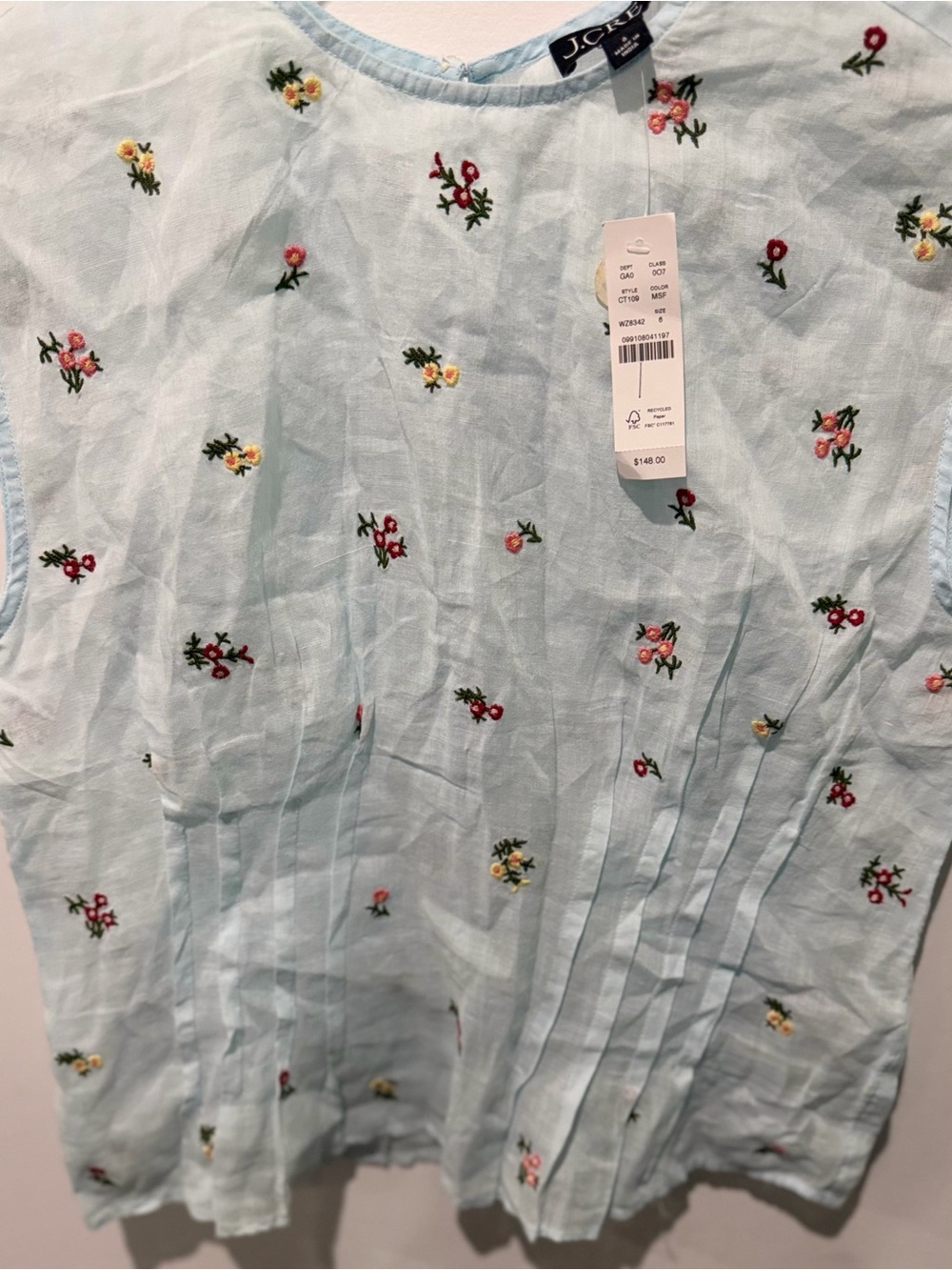 J.Crew Pintuck Shell Top Ramie Blue Embroidered Floral Romantic Sz 6 CT109 $148 - Picture 2 of 8